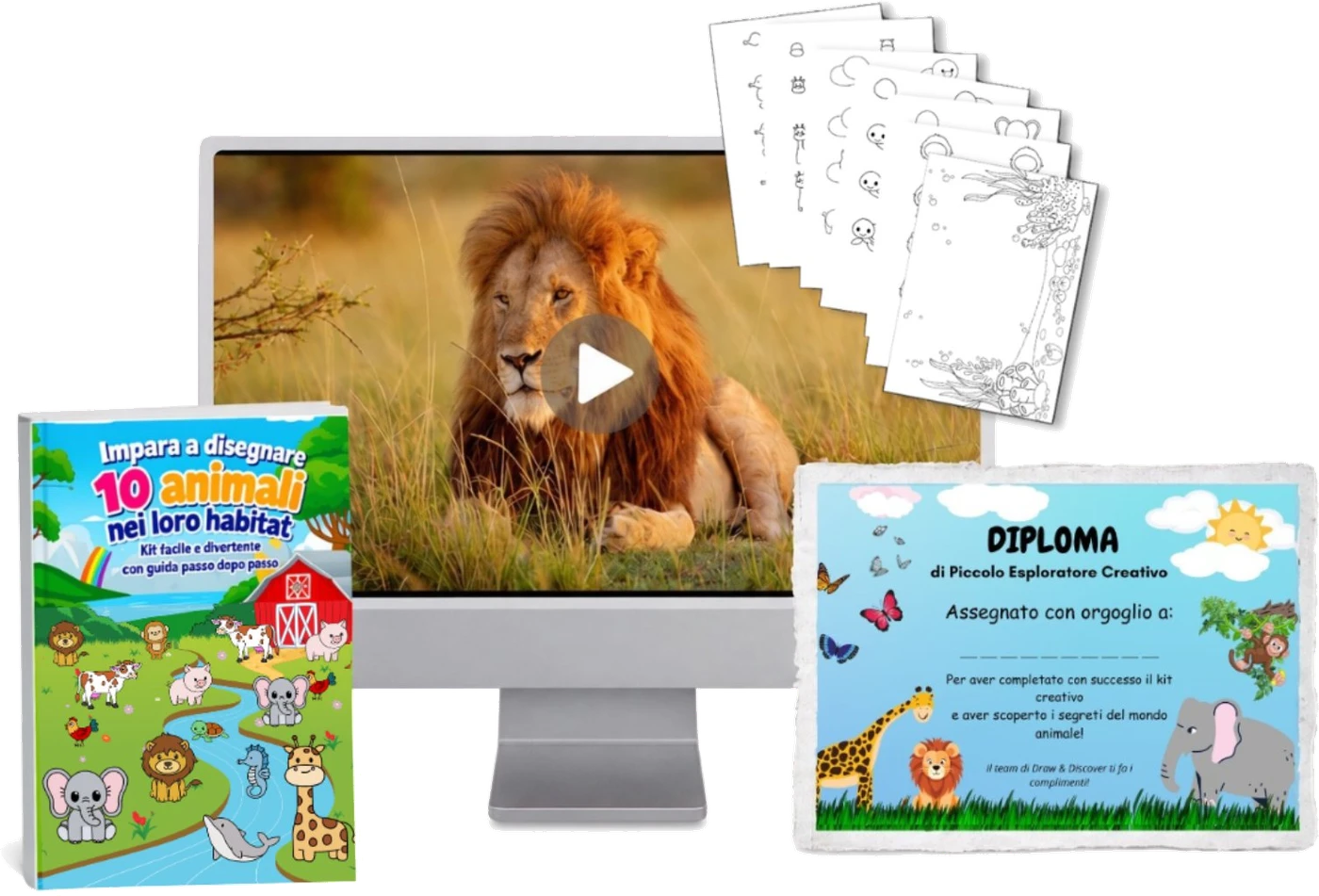 Kit Draw & Discover — monitor con documentario, libro tutorial, fogli disegno, diploma
